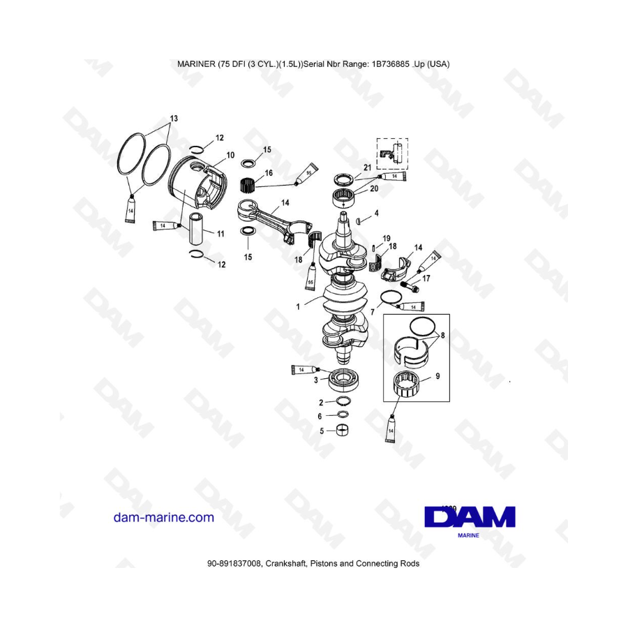 Mercury Mariner 75 Optimax - Crankshaft, Pistons and Connecting Rods