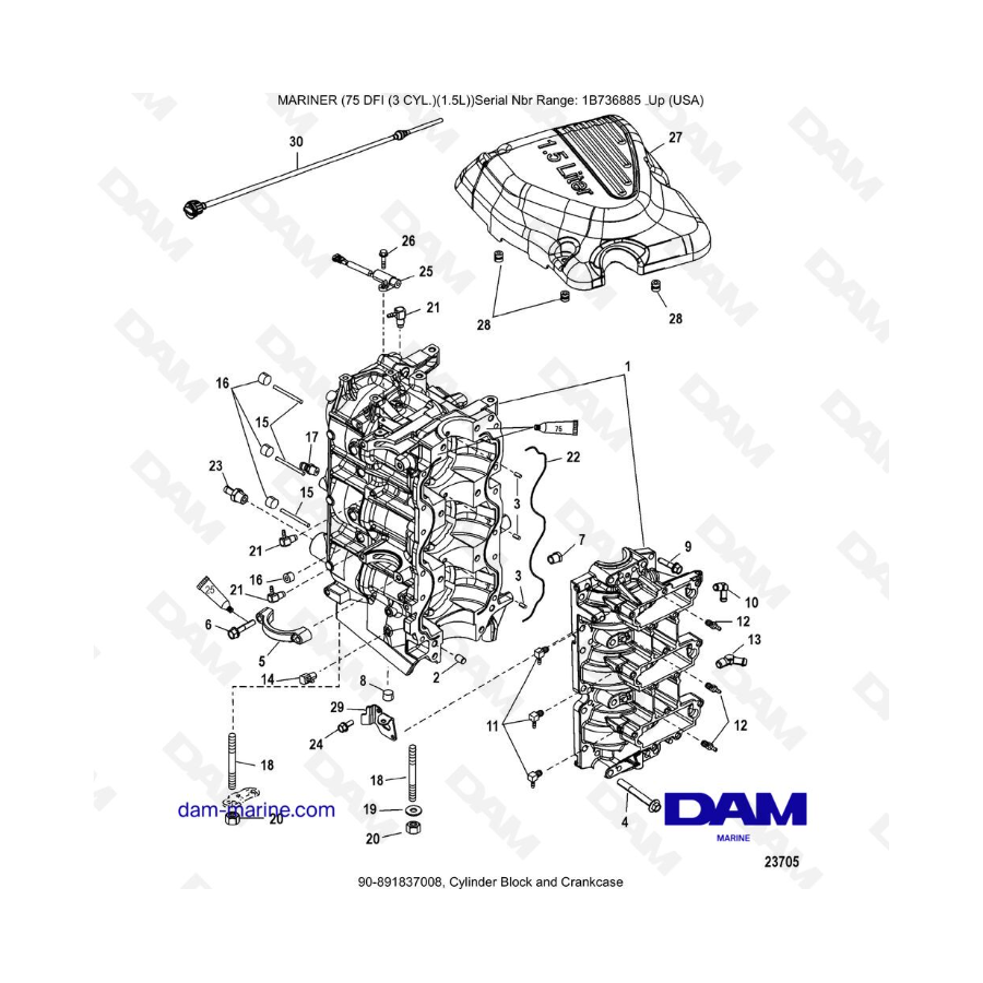Mercury Mariner 75 Optimax - Cylinder Block and Crankcase
