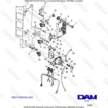 Mercury Optimax 75 - Electrical Components, PCM Mounting, 2B092562 and Below