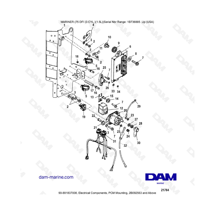 Mercury Optimax 75 - Electrical Components, PCM Mounting, 2B092563 and Above