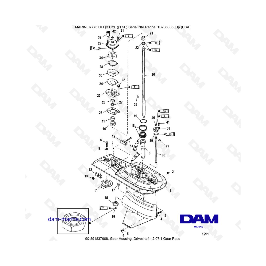 Mercury Mariner 75 Optimax - Caja de engranajes, eje de transmisión - Rotación estándar/contraria