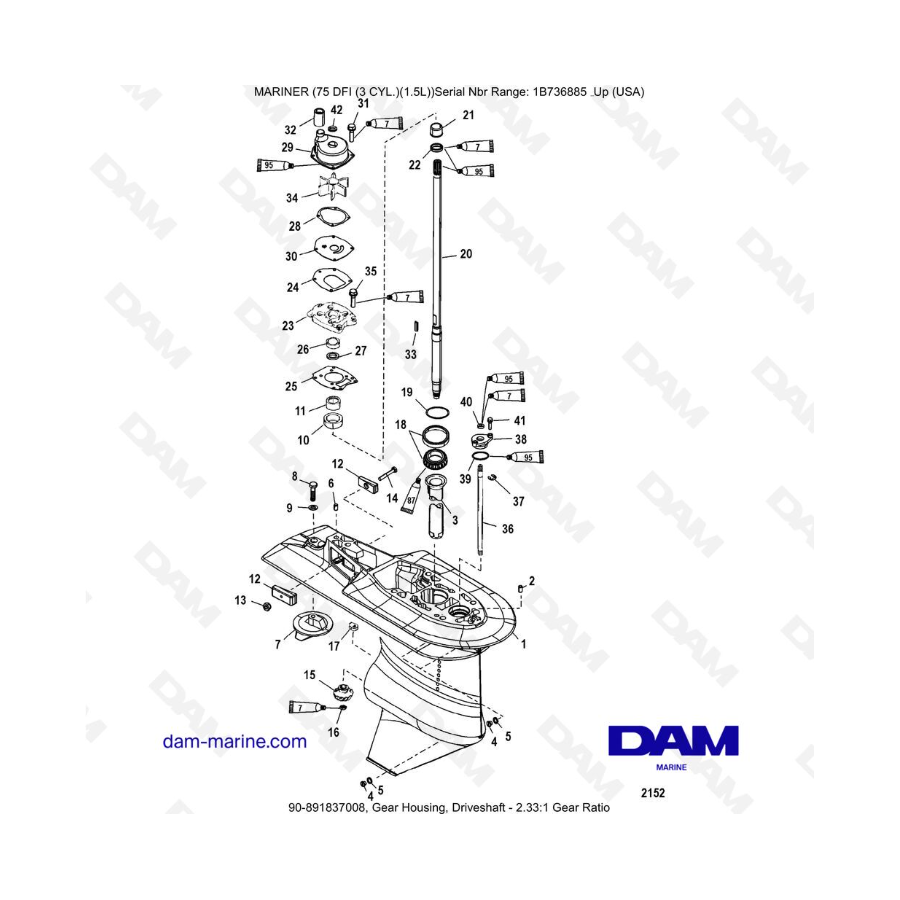 Mercury Mariner 75 Optimax - Gear Housing, Driveshaft - 2.33:1 Gear Ratio