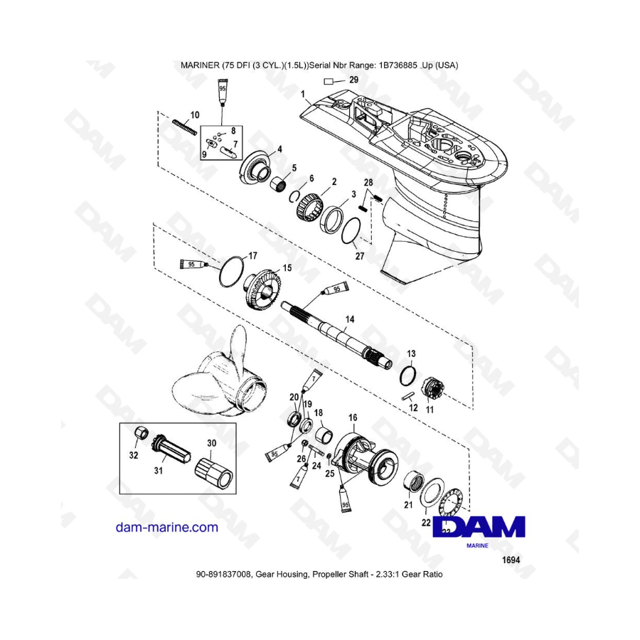 Mercury Mariner 75 Optimax - Gear Housing, Propeller Shaft - 2.33:1 Gear Ratio