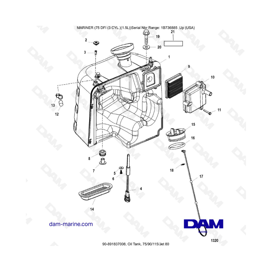 Mercury Mariner 75 Optimax - Tanque de aceite, 75/90/115/Jet 80