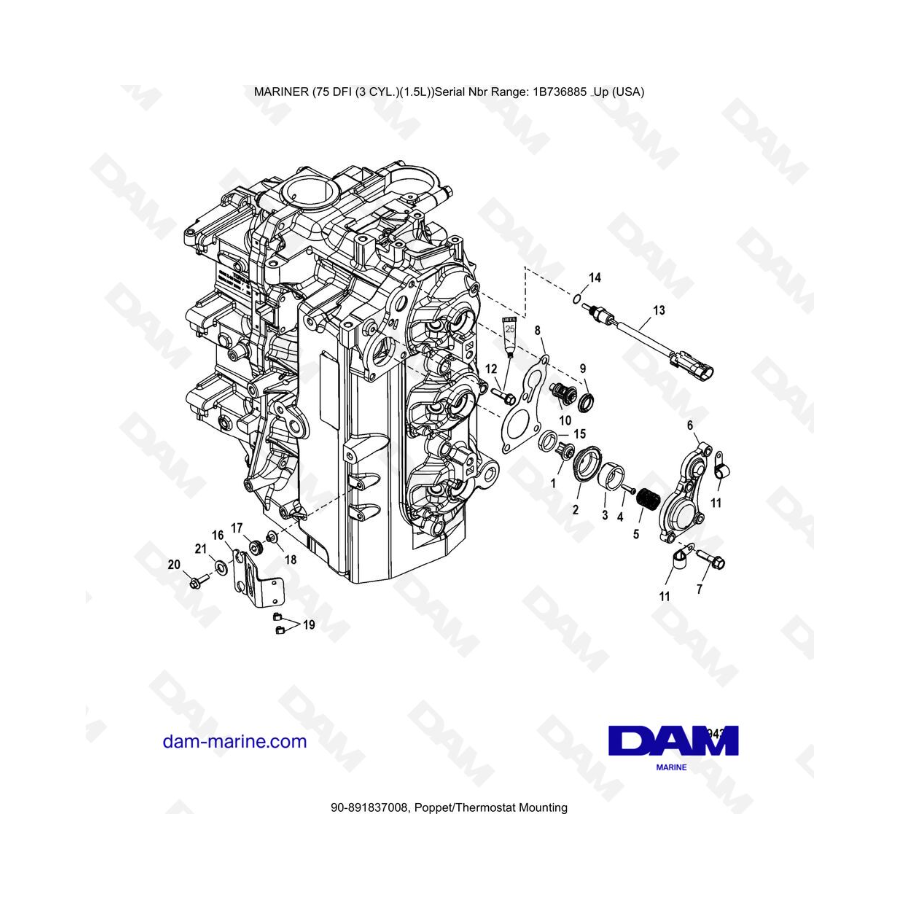 Mercury Mariner 75 Optimax - Montaje del termostato/válvula de retención