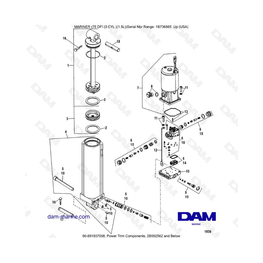 Mercury Mariner 75 Optimax - Power Trim Components, 2B092562 and Below