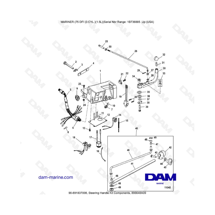 Mercury Mariner 75 Optimax - Steering Handle Kit Components, 896648A09