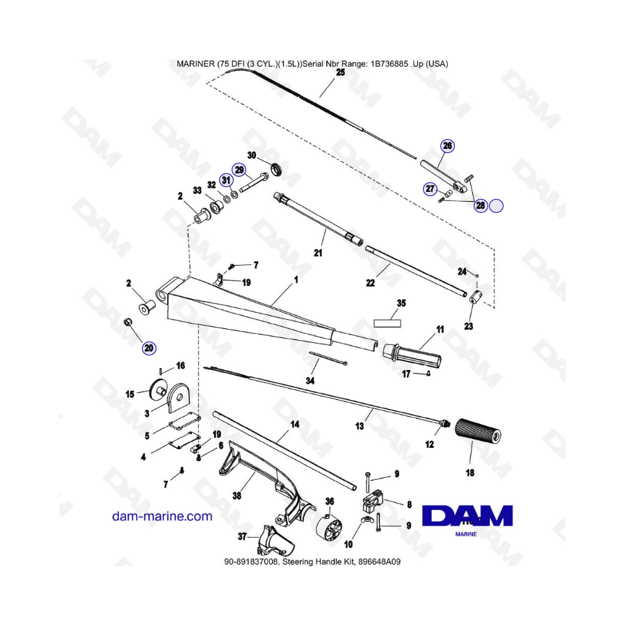 Mercury Mariner 75 Optimax - Steering Handle Kit, 896648A09