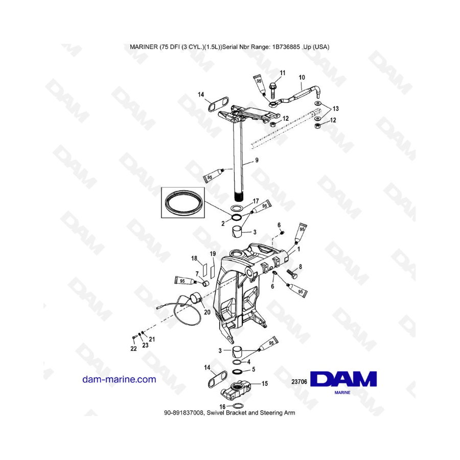 Mercury Mariner 75 Optimax - Swivel Bracket and Steering Arm