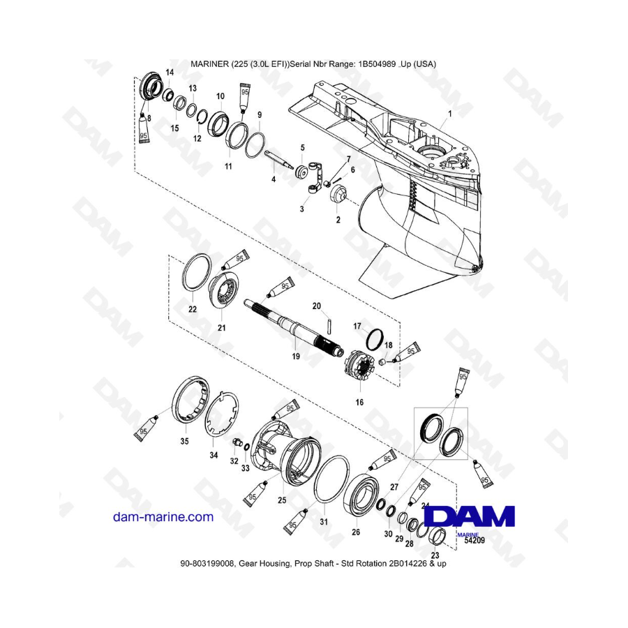 Mercury Mariner 225 Efi - Gear Housing, Prop Shaft - Std Rotation 2B014226 && Up