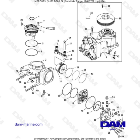 Mercury Mariner 175 Optimax - Componentes del compresor de aire, SN 1B884880 y anteriores