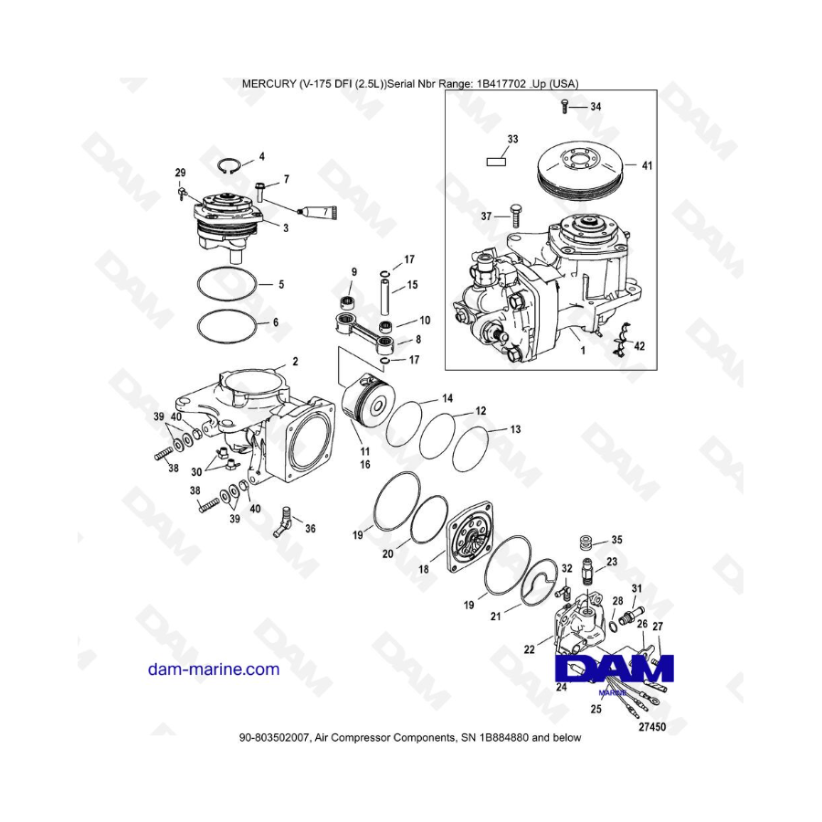 Mercury Mariner 175 Optimax - Componentes del compresor de aire, SN 1B884880 y anteriores