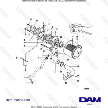 Mercruiser CMD QSD 2.0 ES 170 - Turbocharger and Air Filter Assembly, Design-I
