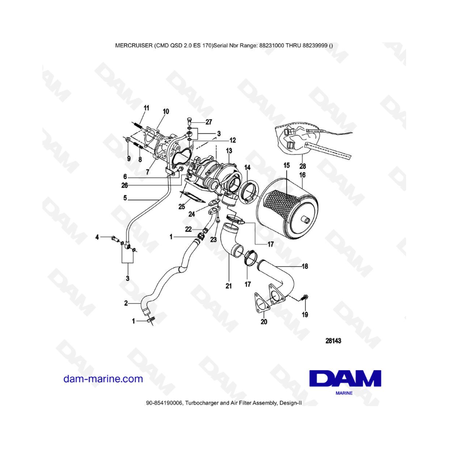 Mercruiser CMD QSD 2.0 ES 170 - Turbocharger and Air Filter Assembly, Design-II
