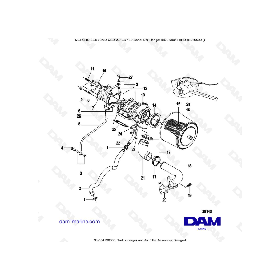 MERCRUISER CMD QSD 2.0 ES 130 - Conjunto de turbocompresor y filtro de aire, Diseño I