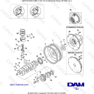Mercruiser CMD 1.7L MS - Crankshaft, PISTONS, AND FLYWHEEL