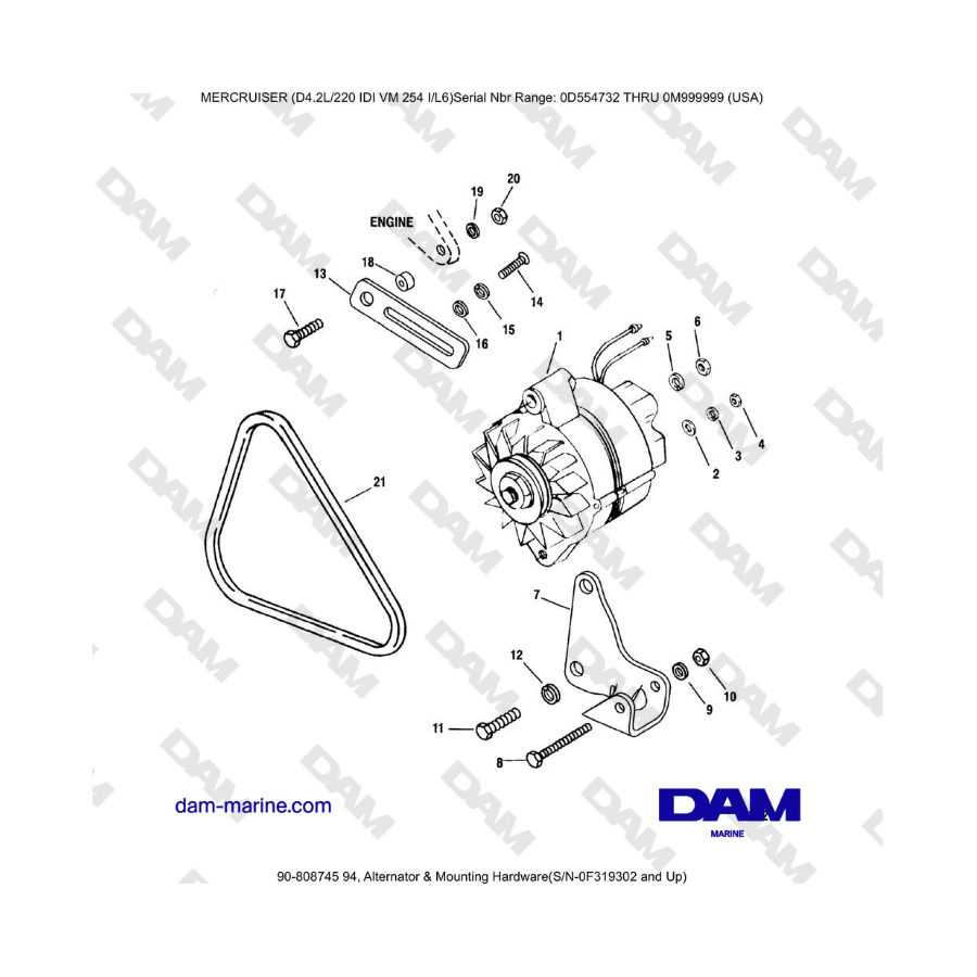 Mercruiser 4.2L 220 IDI - Alternador y herrajes de montaje (N.° de serie 0F319302 y posteriores)