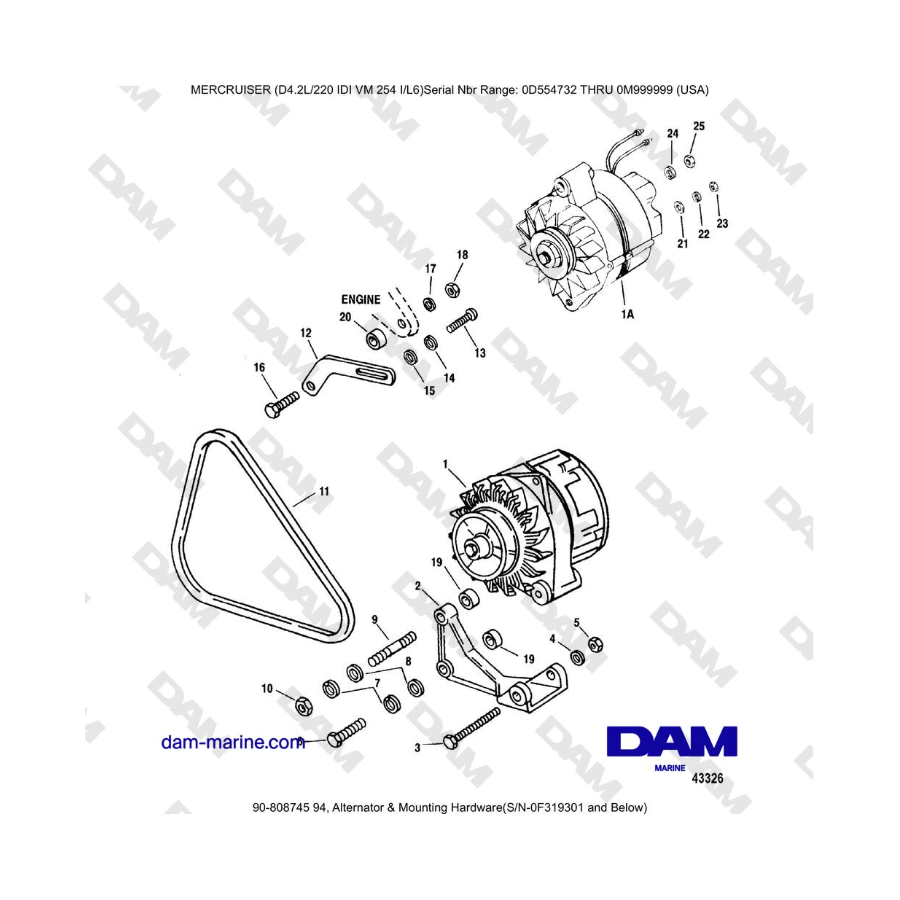 Mercruiser 4.2L 220 IDI - Alternador y herrajes de montaje (N.° de serie 0F319301 e inferiores)