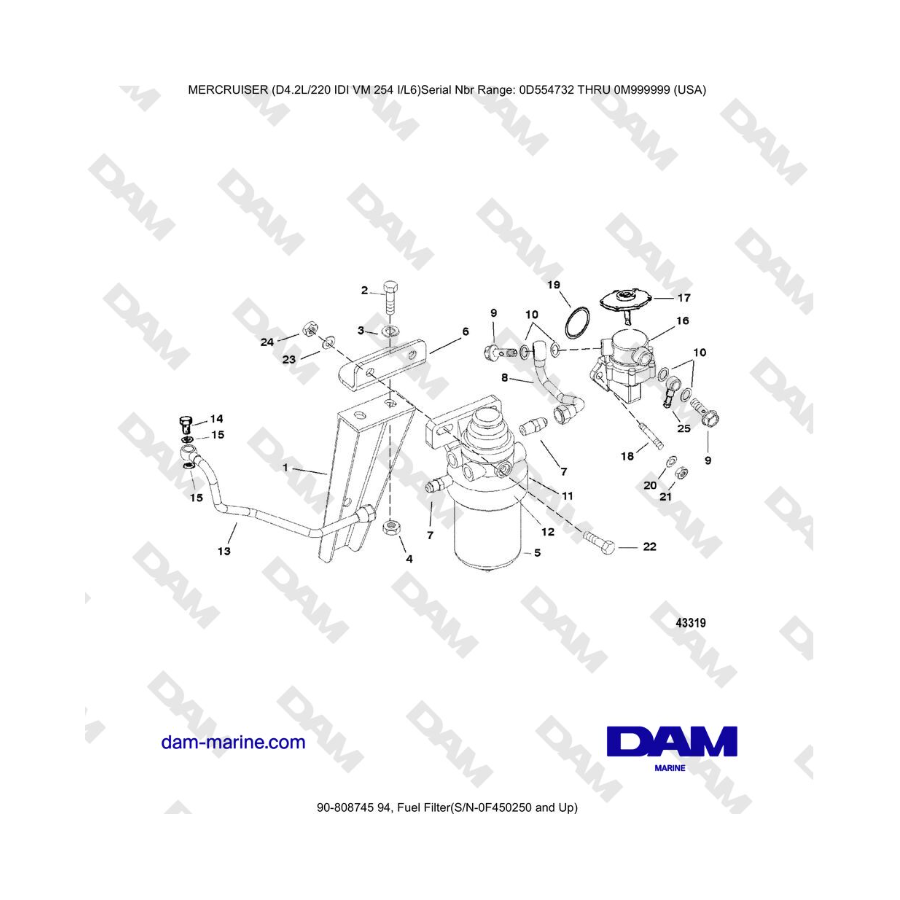 Filtro de combustible Mercruiser 4.2L 220 IDI (N.° de serie 0F450250 y posteriores)