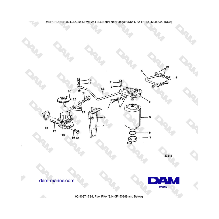 Filtro de combustible Mercruiser 4.2L 220 IDI (N.° de serie 0F450249 e inferiores)