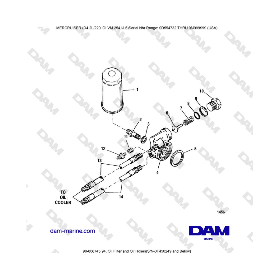 Mercruiser 4.2L 220 IDI - Filtro de aceite y mangueras de aceite (N.° de serie 0F450250 y posteriores)