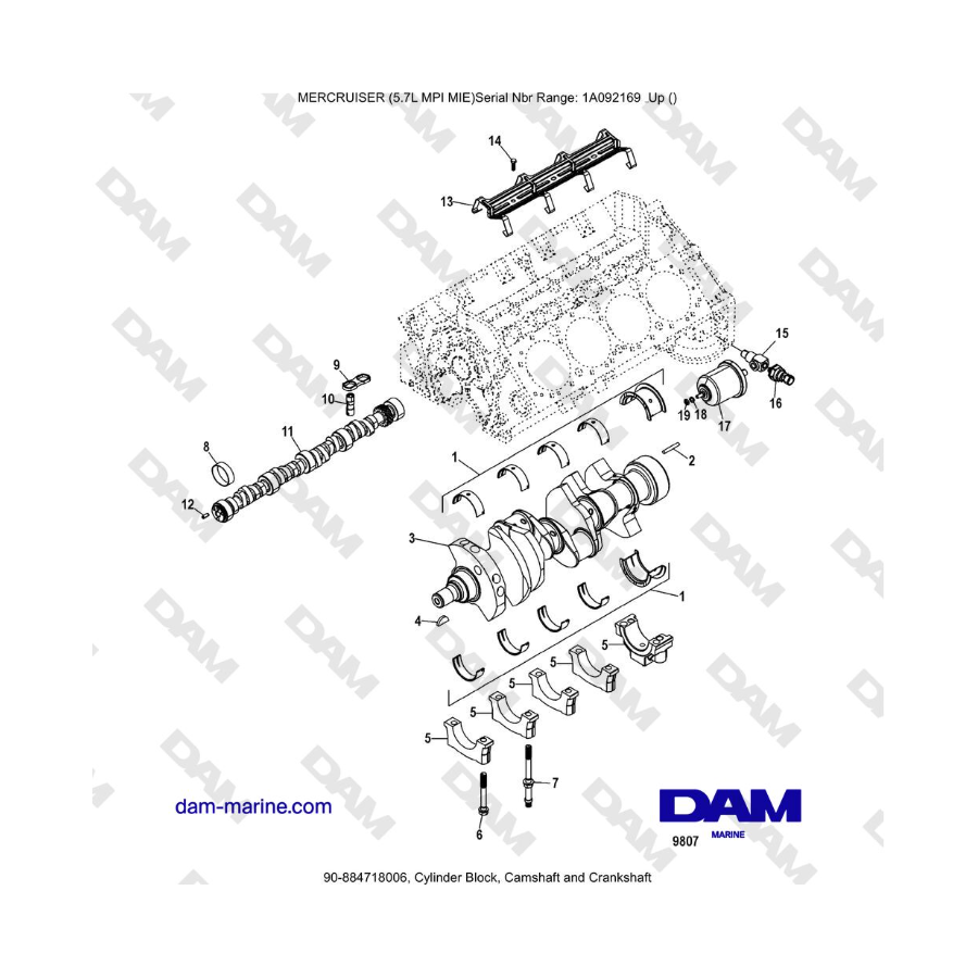 Mercruiser 5.7L MPI MIE - Bloque de cilindros, árbol de levas y cigüeñal