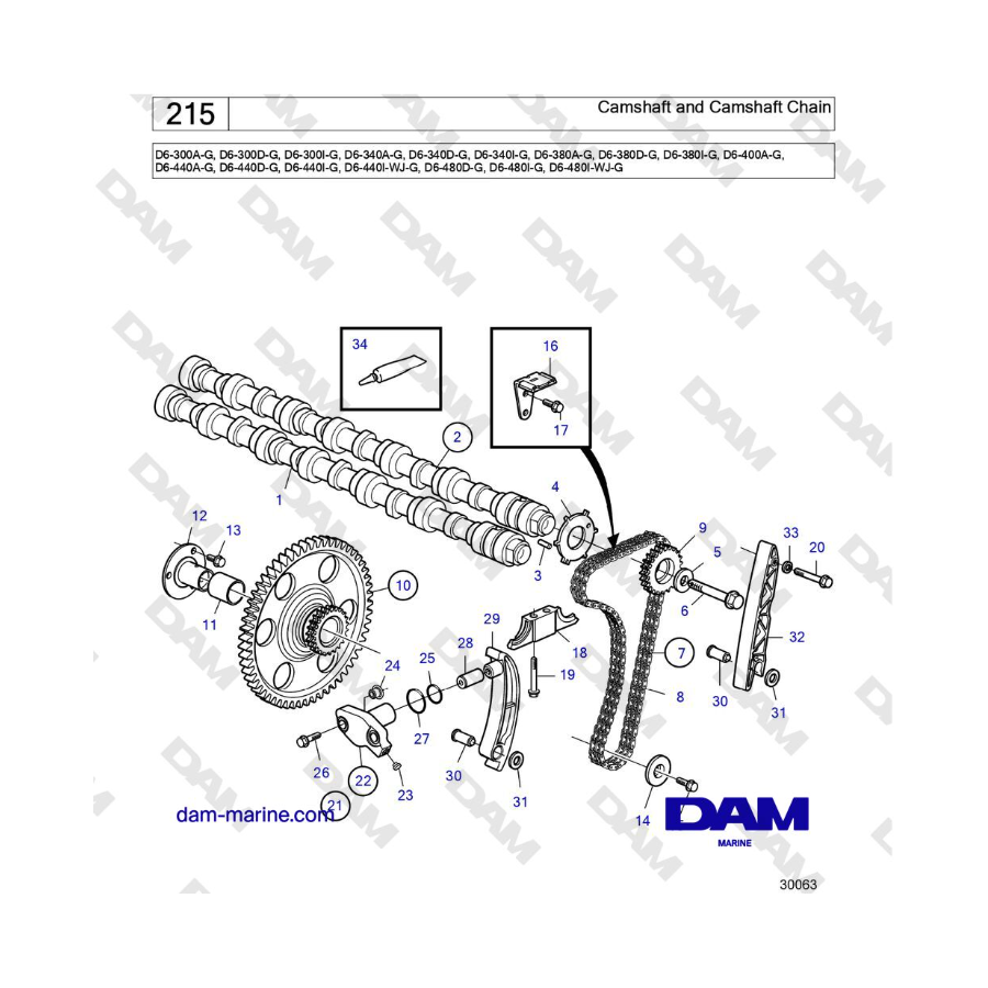 Volvo Penta D6-300 / D6-340 / D6-380 / D6-400 / D6-440 / D6-480 (G) - Árbol de levas y cadena de levas 