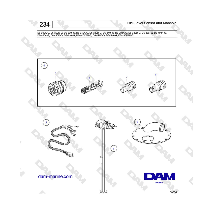 Volvo Penta D6-300 / D6-340 / D6-380 / D6-400 / D6-440 / D6-480 (G) - Sensor de nivel de combustible y boca de acceso