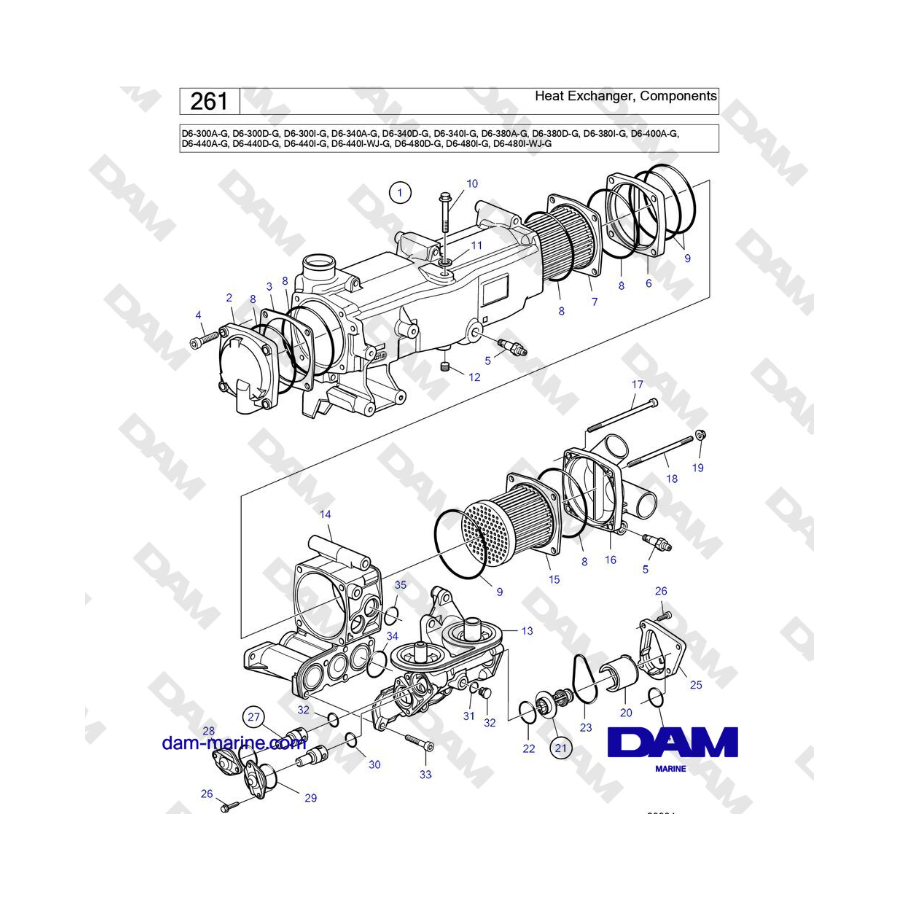 Volvo Penta D6-300 / D6-340 / D6-380 / D6-400 / D6-440 / D6-480 (G) - Intercambiador de calor, componentes
