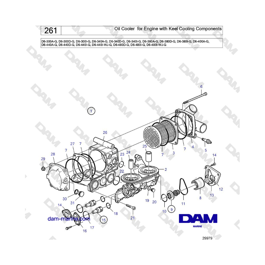 Volvo Penta D6-300 / D6-340 / D6-380 / D6-400 / D6-440 / D6-480 (G) - Oil Cooler for Engine with Keel Cooling Components