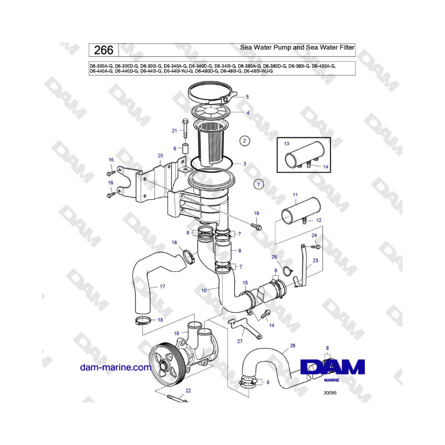 Volvo Penta D6-300 / D6-340 / D6-380 / D6-400 / D6-440 / D6-480 (G) - Bomba de agua de mar y filtro de agua de mar