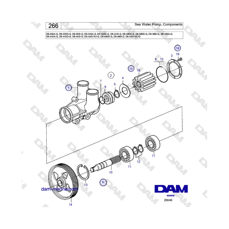 Volvo Penta D6-300 / D6-340 / D6-380 / D6-400 / D6-440 / D6-480 (G) - Bomba de agua de mar, componentes