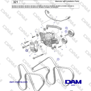 Volvo Penta D6-300 / D6-340 / D6-380 / D6-400 / D6-440 / D6-480 (G) - Alternator with Installation Parts
