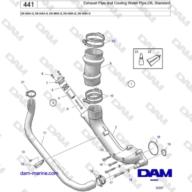 Volvo Penta D6-300 / D6-340 / D6-380 / D6-400 / D6-440 / D6-480 (G) - Exhaust Pipe and Cooling Water Pipe,D6, Standard