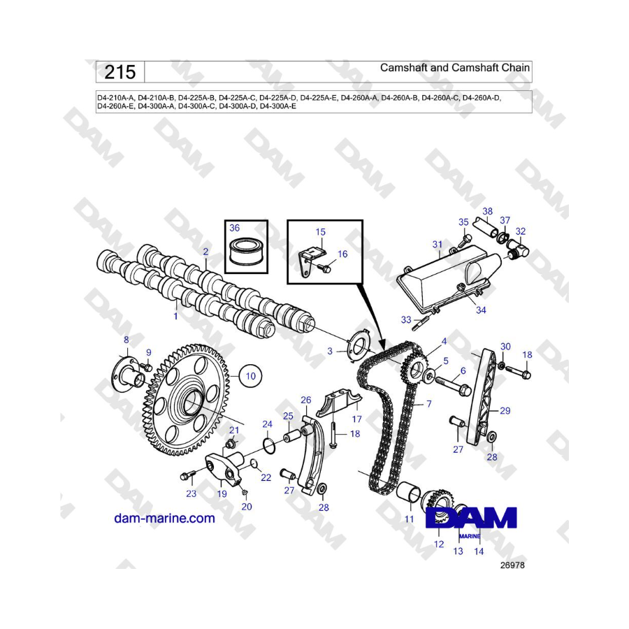 Volvo Penta D4-210 / D4-225 / D4-260 / D4-300 (A) - Árbol de levas y cadena de levas