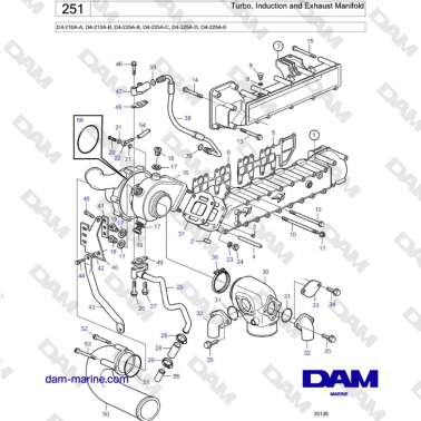 Volvo Penta D4-210A-A, D4-210A-B, D4-225A-B, D4-225A-C, D4-225A-D, D4-225A-E - Turbo, Induction and Exhaust Manifold
