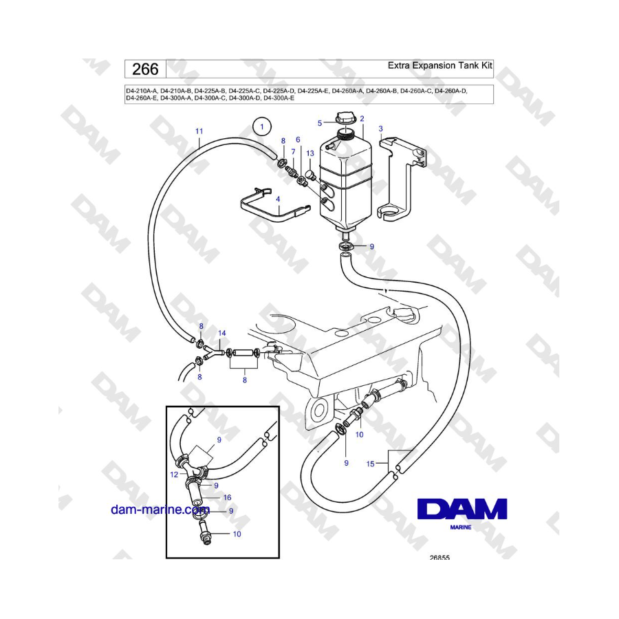 Volvo Penta D4-210 / D4-225 / D4-260 / D4-300 - Kit de tanque de expansión adicional 
