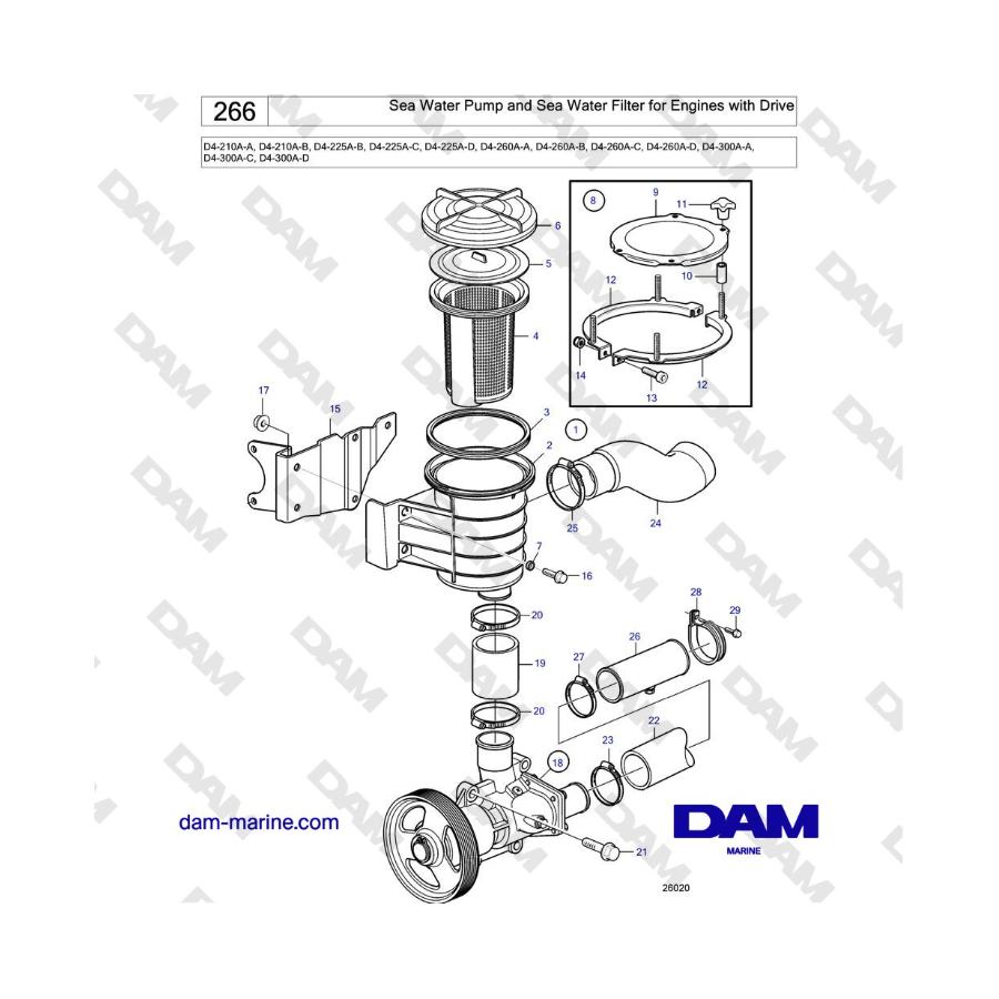 Volvo Penta D4-210 / D4-225 / D4-260 / D4-300 - Sea Water Pump and Sea Water Filter for Engines with Drive