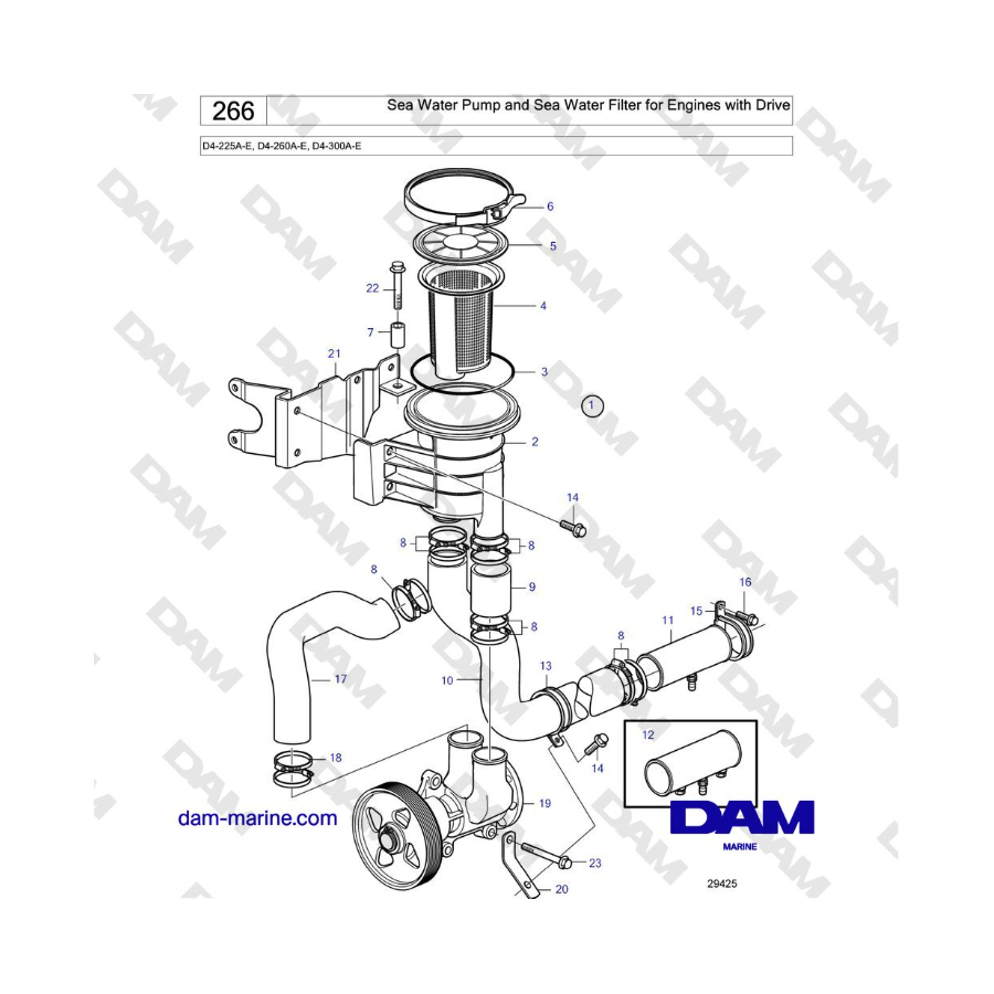 Volvo Penta D4-225A-E, D4-260A-E, D4-300A-E - Sea Water Pump and Sea Water Filter for Engines with Drive