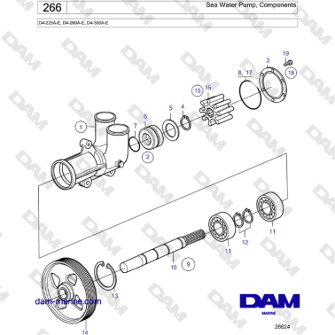 Volvo Penta D4-225A-E, D4-260A-E, D4-300A-E - Sea Water Pump, Components