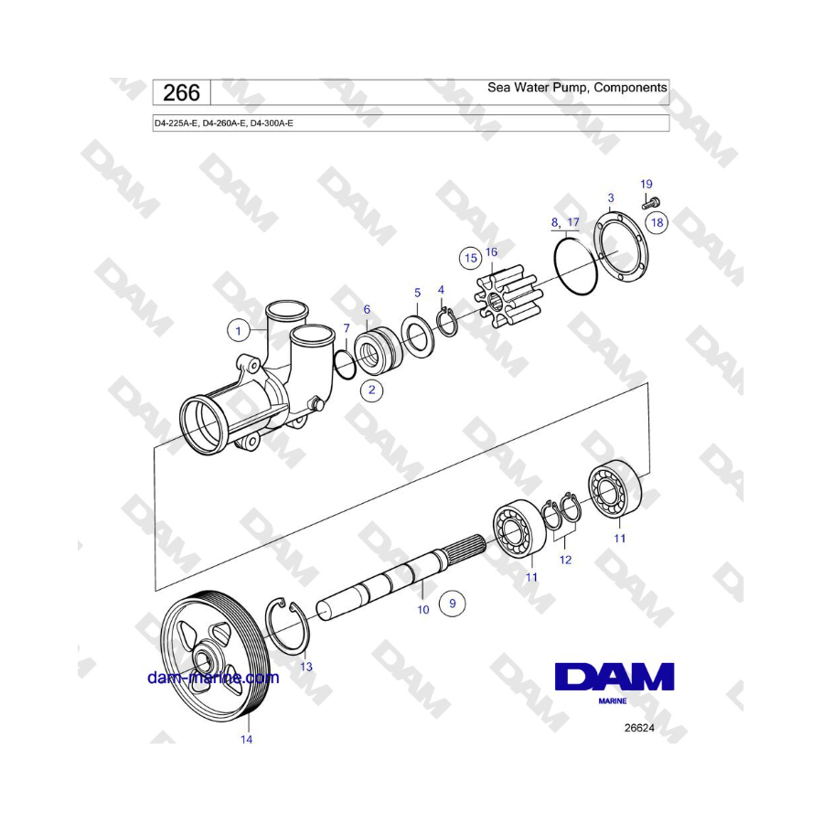 Volvo Penta D4-225A-E, D4-260A-E, D4-300A-E - Sea Water Pump, Components Volvo Penta D4-225A-E, D4-260A-E, D4-300A-E - Sea Water Pump, Components