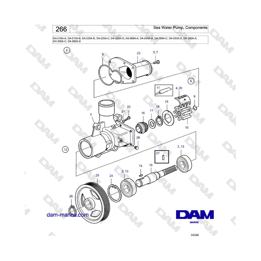 Volvo Penta D4-210 / D4-225 / D4-260 / D4-300 - Sea Water Pump, Components