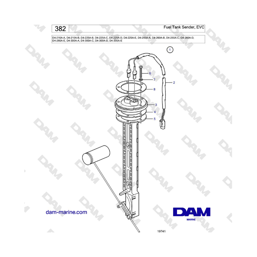 Volvo Penta D4-210 / D4-225 / D4-260 / D4-300 - Transmisor del depósito de combustible, EVC