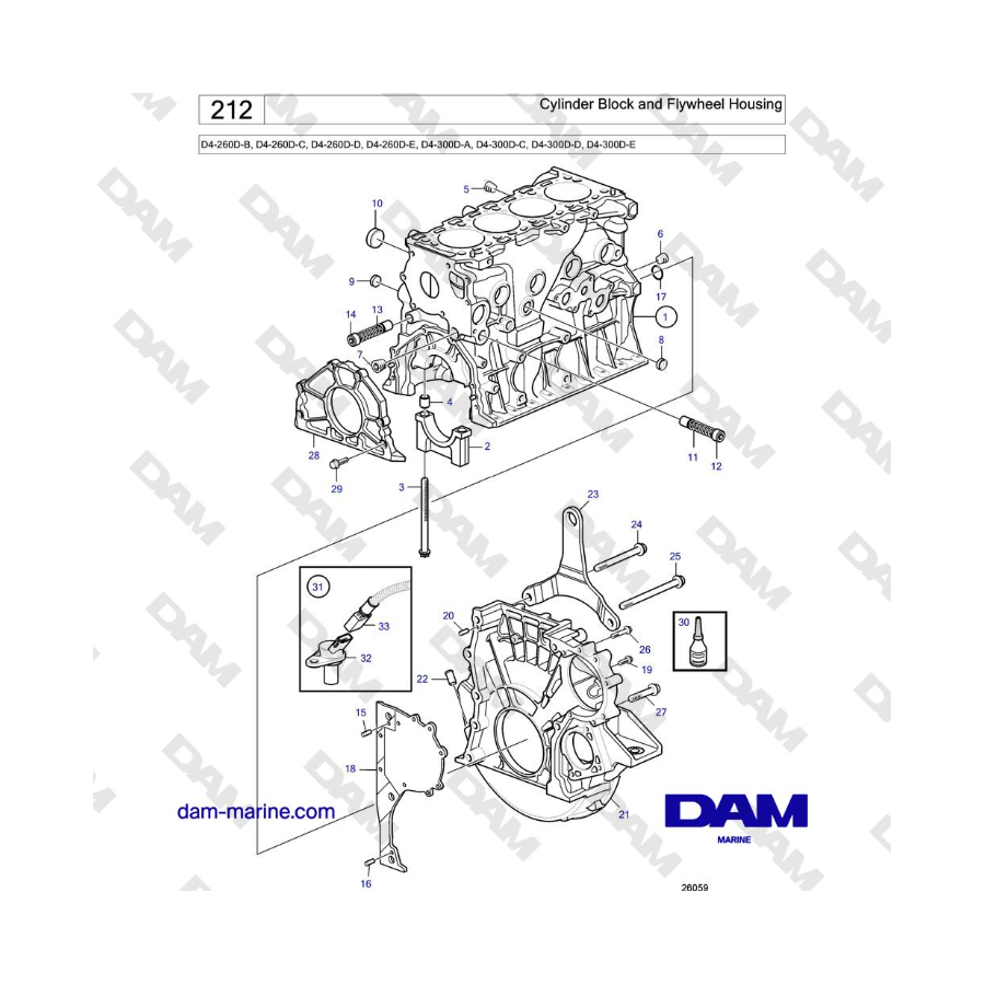 Volvo Penta D4-260D / D4-300D - Cylinder Block and Flywheel Housing