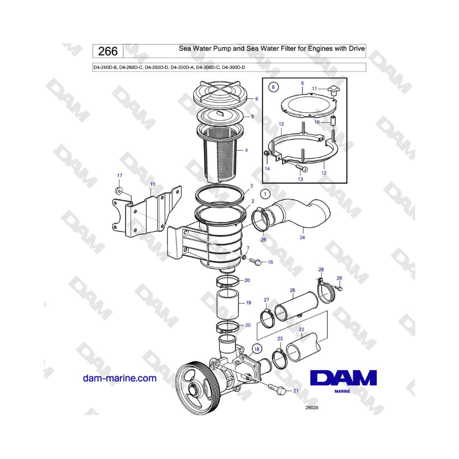 Volvo Penta D4-260D / D4-300D - Sea Water Pump and Sea Water Filter for Engines with Drive