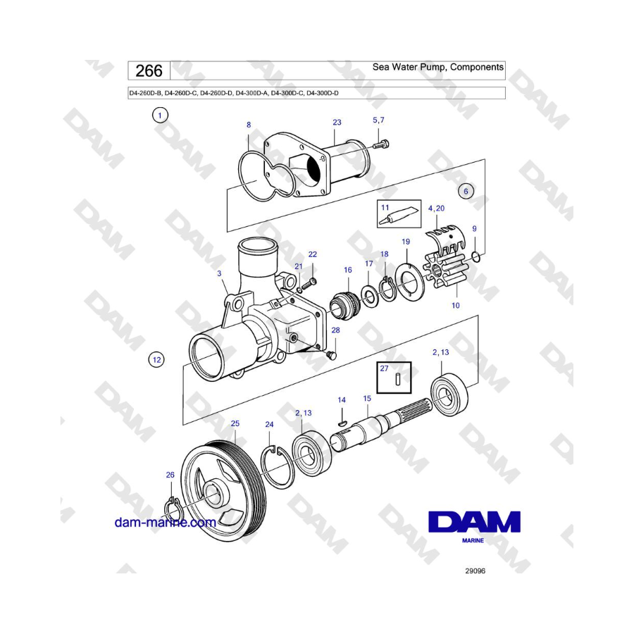 Volvo Penta D4-260D / D4-300D - Sea Water Pump, Components