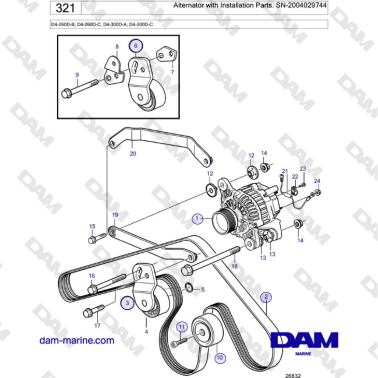 Volvo Penta D4-260D-B, D4-260D-C, D4-300D-A, D4-300D-C - Alternator with Installation Parts. SN-2004029744