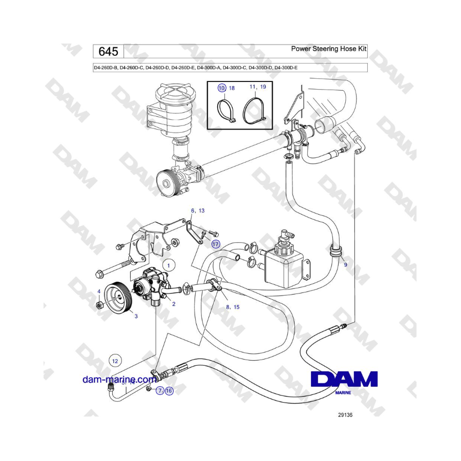 Volvo Penta D4-260D / D4-300D - Kit de manguera de dirección asistida