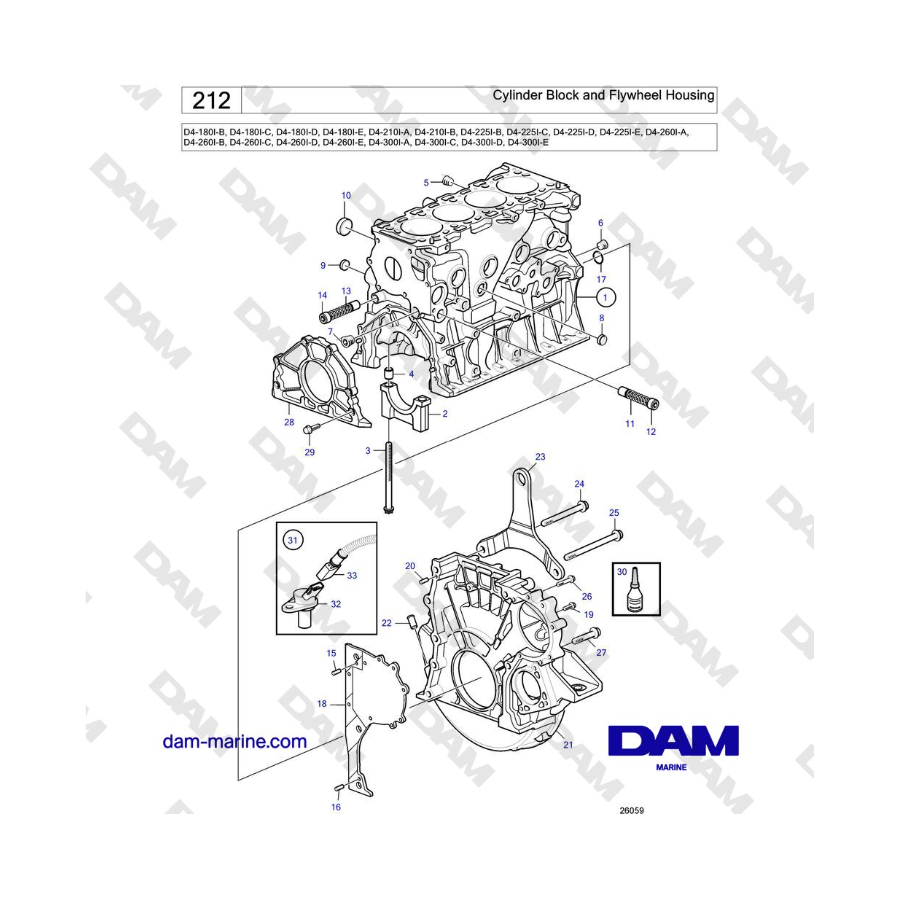 Volvo Penta D4-180I / D4-210I / D4-225I / D4-260I - Cylinder Block and Flywheel Housing