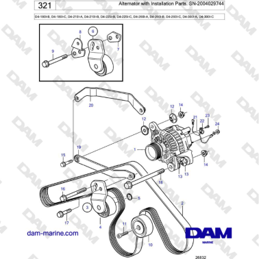 Volvo Penta D4-180I / D4-210I / D4-225I / D4-260I / D4-300I - Alternator with Installation Parts.